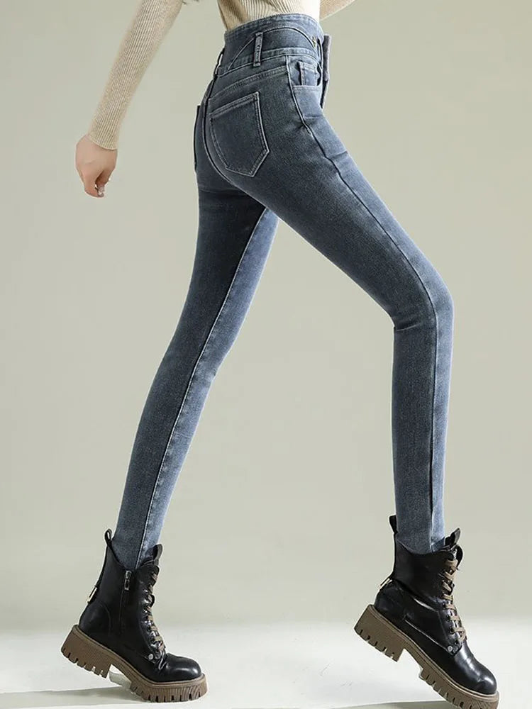 Women Thicken Skinny Pencil Jeans Winter Warm High Waist Stretch Velvet Lined Vintage Denim Pants Korean Solid Y2k Slim Vaqueros