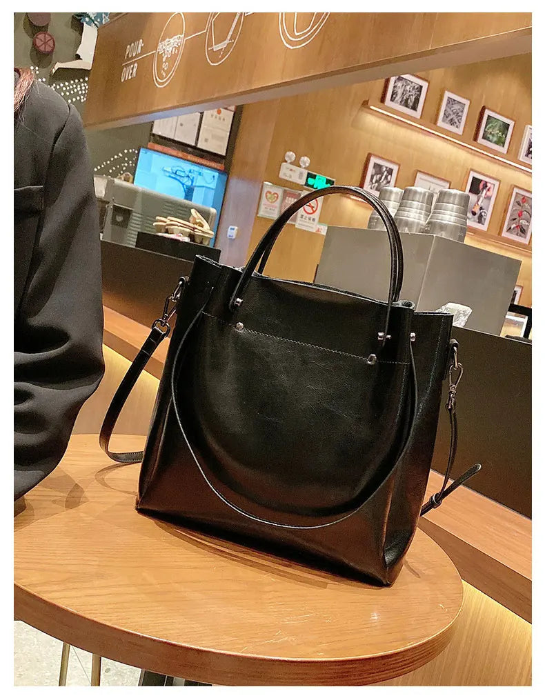 100% Genuine Leather Women Tote Bag Large Capacity High Quality Cowhide Women's Shoulder Bags Wrinkled Opening Fashion Handbag