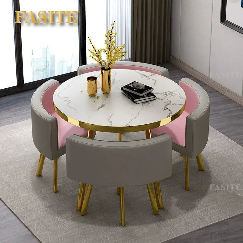 Marble Round 80cm Dining Tables Set 4 Chairs Modern Center Wood Table Luxury White Apartment Furniture