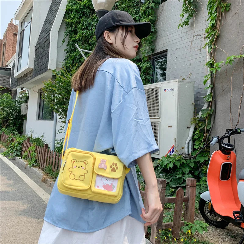 Canvas Small Bag Japanese ins Women Shoulder Bag Cute Funny Personality Embroidery Bear Girl Student Transparent Messenger Bag