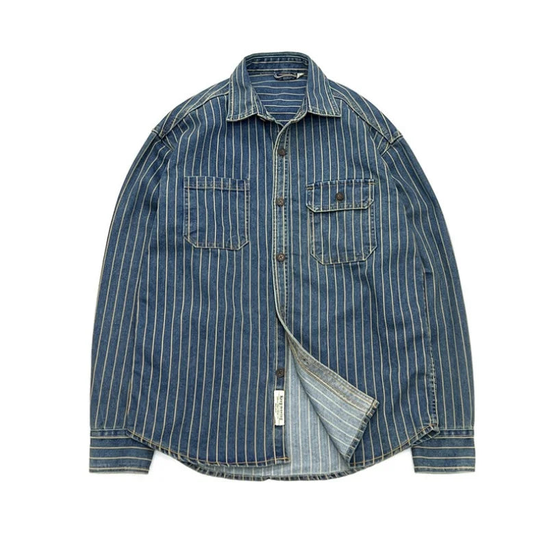 Chemise en jean délavé épais pour homme, style rétro, printemps-automne, 100 % coton, rayures verticales, manches longues, manteau, vêtements de travail amples