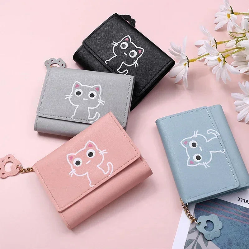 New Women Fashion Wallet Cute Cartoon Cat Girl Credit Card Coin Holder Money Short Purses PU Leather Large Capacity Ladies Purse