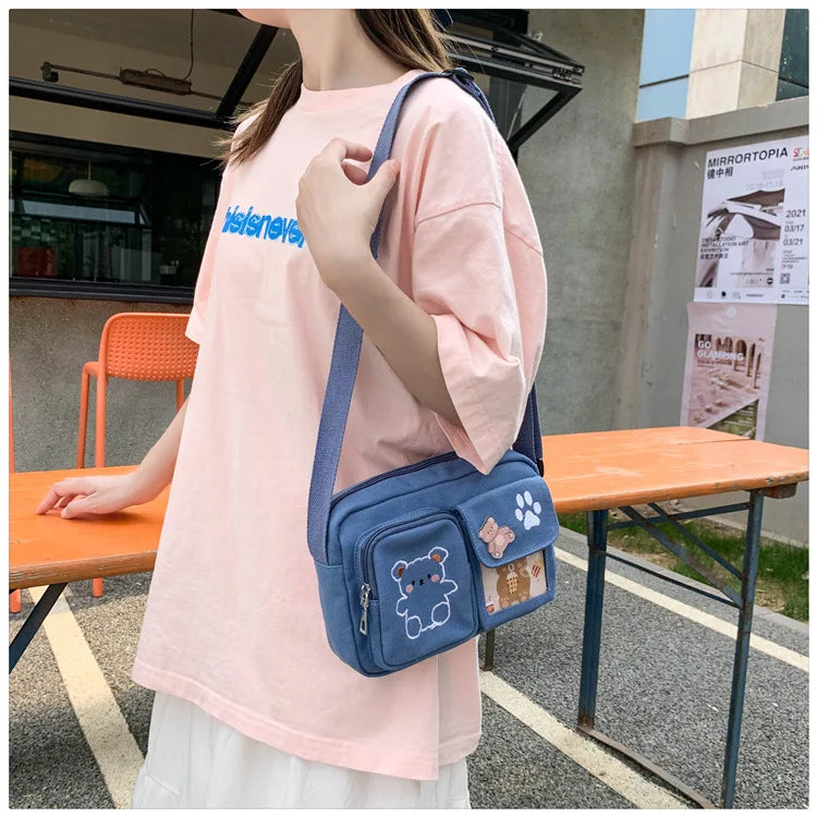 Canvas Small Bag Japanese ins Women Shoulder Bag Cute Funny Personality Embroidery Bear Girl Student Transparent Messenger Bag