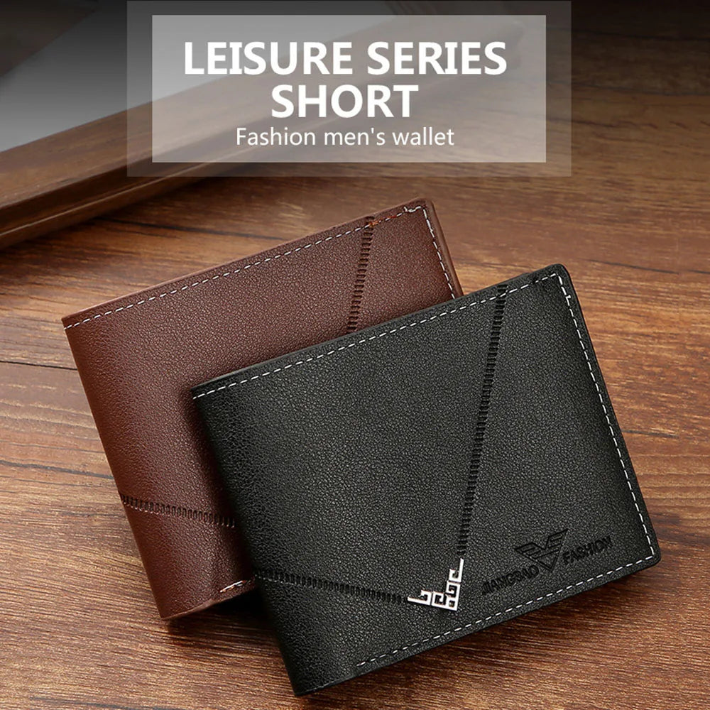 Lychee Texture PU Leather Men's Wallet Short Cash Purse Multi Card Slot Patchwork Card Holder Photo Holder Horizontal Money Clip