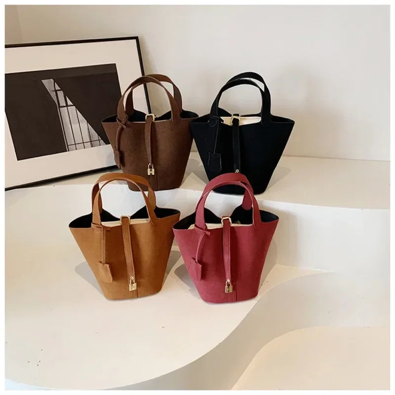 Basket Bag for Women 2024 Autumn and Winter New Frosted Bucket Bag Handbag Casual Red Wedding Bag