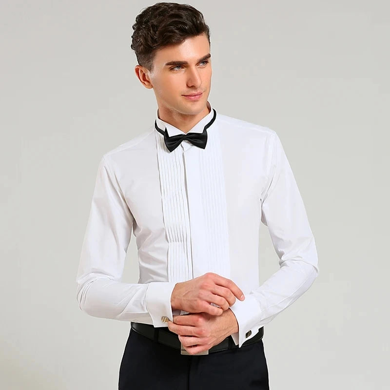 Chemise habillée à poignets français pour homme M~6XL, blanche, à manches longues, chemises sociales pour hommes, coupe régulière, pour fête, dîner, mariage, boutons de manchette, chemise formelle