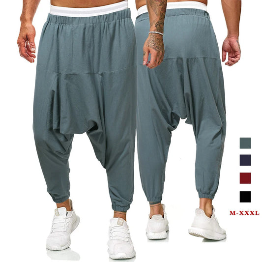 Fashion Cotton Linen Harem Pants Men Solid Elastic Waist Streetwear Joggers Baggy Drop-crotch Pants Casual Trousers Men