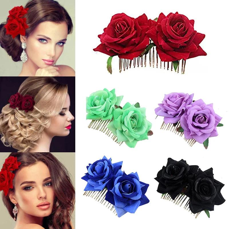 Flamenco Flowers For Hair DIY Headdress For Bridal Flocking Cloth Red Rose Flower Hairpin Hair Clip Party Hair Accessories