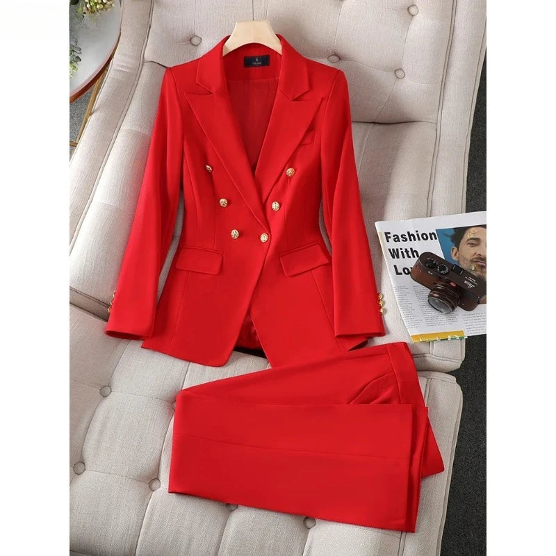 Button Decoration Formal Jacket Blazer and Trouser 2 Piece Set Fashion Pink Green Black Ladies Work Wear Pant Suit Women