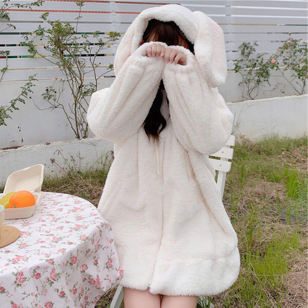 Winter Hoodies Warm Kawaii Rabbit Ears Women Sweatshirt Girl Lolita Hooded Zip-up Casual Sweatshirts Harajuku Hoodie Long Sleeve