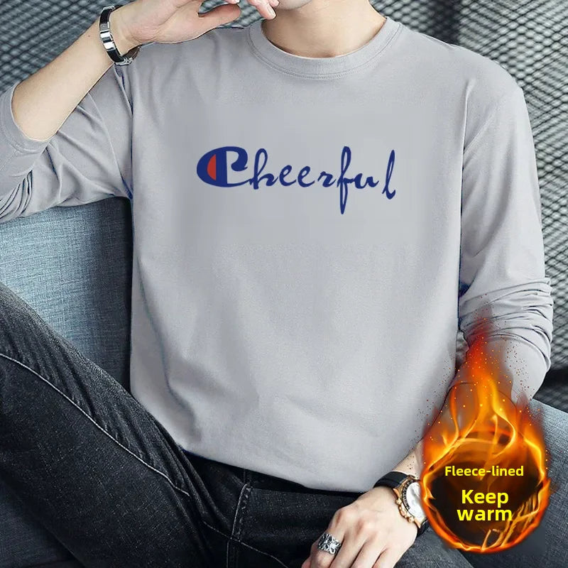 Men's Long Sleeve Fleece-lined T-shirt Winter Stylish Printing Versatile Single Item Jacket Sweatshirt Base Layer Quality