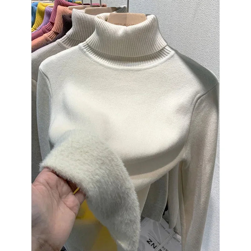 Fleece-lined Thickened High Collar Sweater For Women Autumn/winter Stylish Knit Warm Top Trendy Fleece-lined Base Layer Top