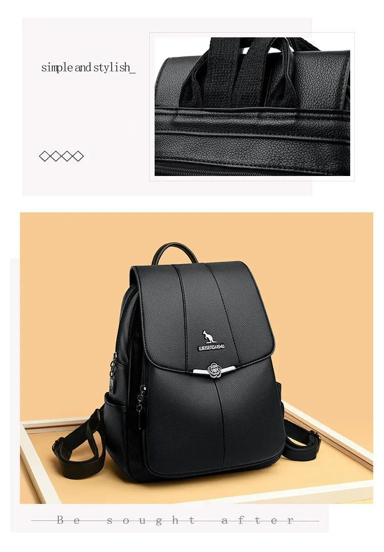 2024 New Fashion Retro Panel Commuter School Bag Women's Backpack PU Soft Leather Casual Lightweight One Shoulder Travel Bag