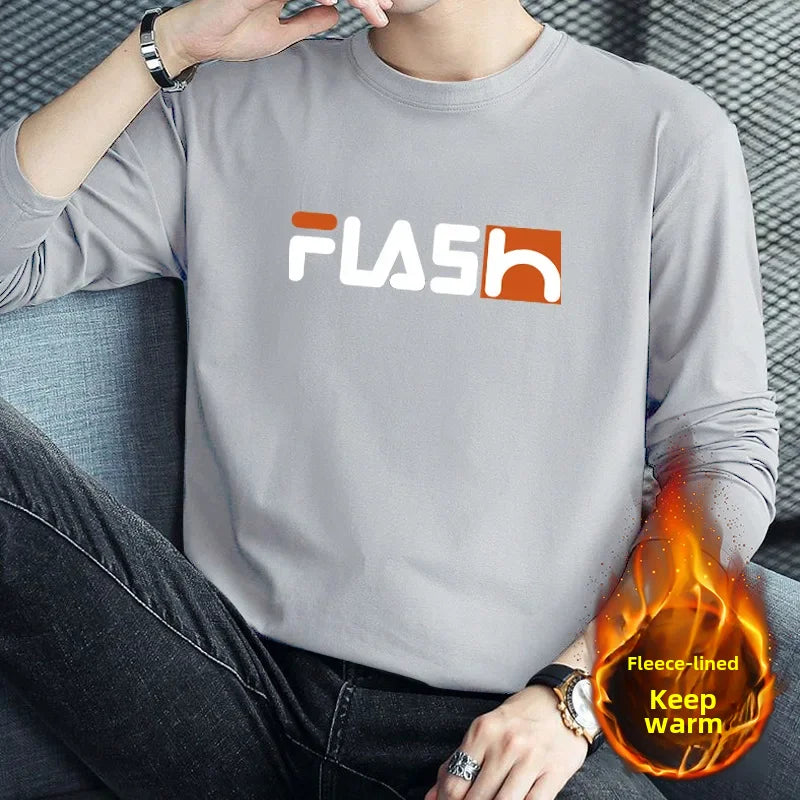 Men's Long Sleeve Fleece-lined T-shirt Winter Stylish Printing Versatile Single Item Jacket Sweatshirt Base Layer Quality