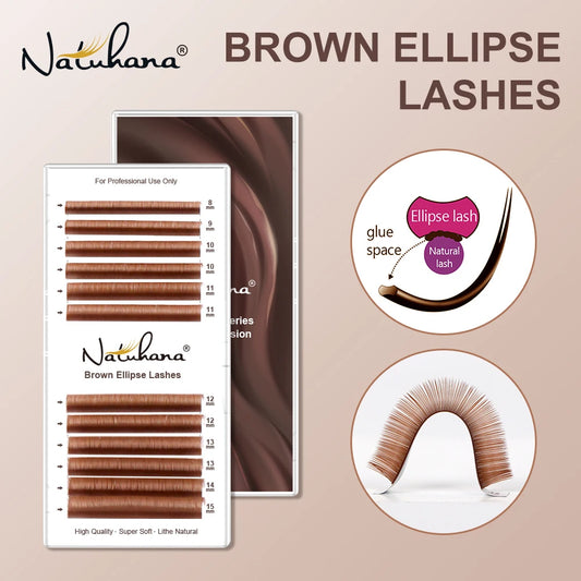 NATUHANA Lashes 0.15mm Brown Flat Ellipse Eyelash Extension False Fake Eye Lash Matte Split-tips Ellipse Shape Eyelashes