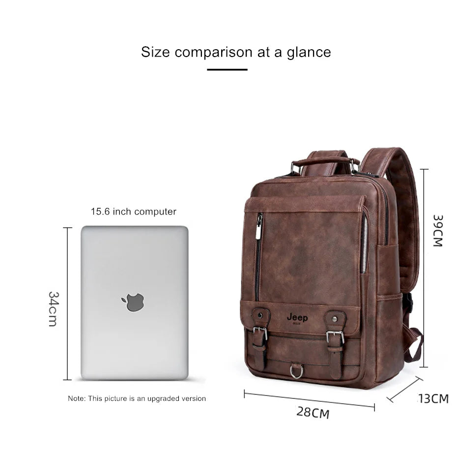 JEEP BULUO Fashion Leather Men Backpack Business Male 15.6" Laptop Bag Daypacks Large Capacity Travel College School Bag