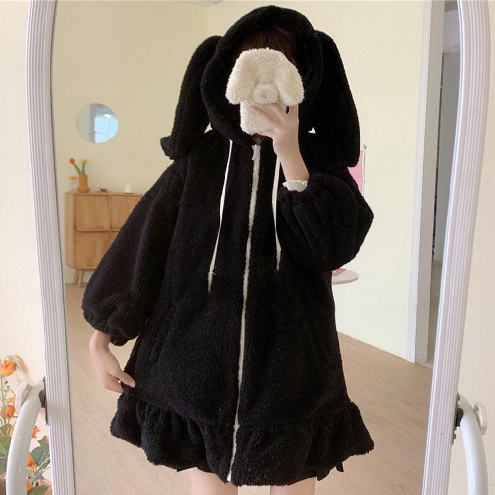 Winter Hoodies Warm Kawaii Rabbit Ears Women Sweatshirt Girl Lolita Hooded Zip-up Casual Sweatshirts Harajuku Hoodie Long Sleeve