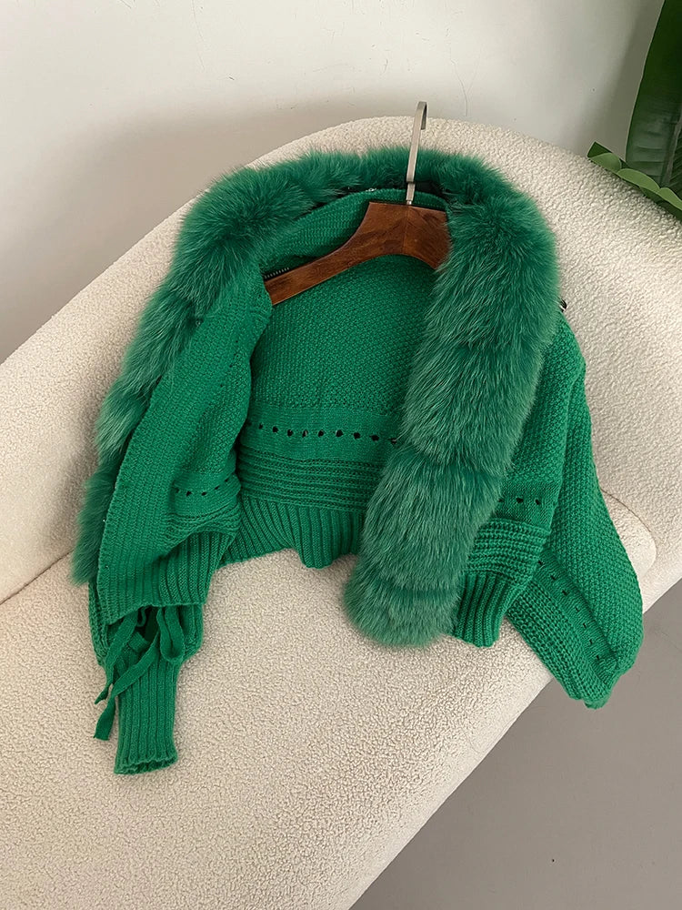 New Knitting Cardigan 2024 Winter Women Knitted Jacket with Natural Fur Placket Coat Casual Real Fox Fur New Fashion Short Warm