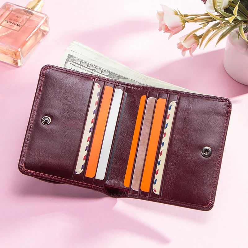 CONTACT'S Genuine Leather Short Wallets for Women Fashion Card Holder Money Clip Coin Purse Female Mini Wallet Women's Bag Purse