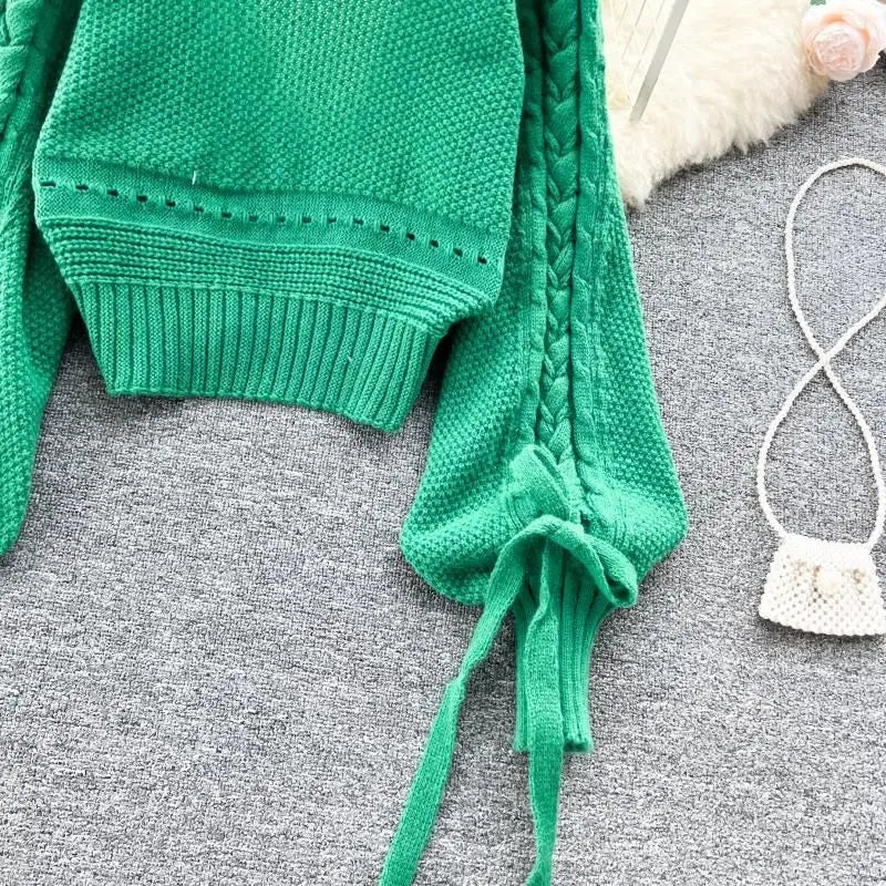 Green Casual Acrylic Knit V-Neck Lantern Long Sleeve Lace Up Women's Cardigan Sweater Short Cardigan For Women Clothing 2024