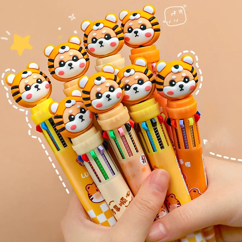 10 Colors Kawaii Tiger Ballpoint Pen 0.5mm Colorful Ink Mechanical Gel Pens Press Pens Korean Stationery School Office Supplies