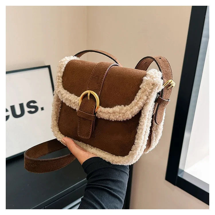 Women's Shoulder Bag Suede and Faux Fur Patchwork Retro Lock Crossbody Bag Small Flap Handbag Brand Designer Tote Bags Handbag