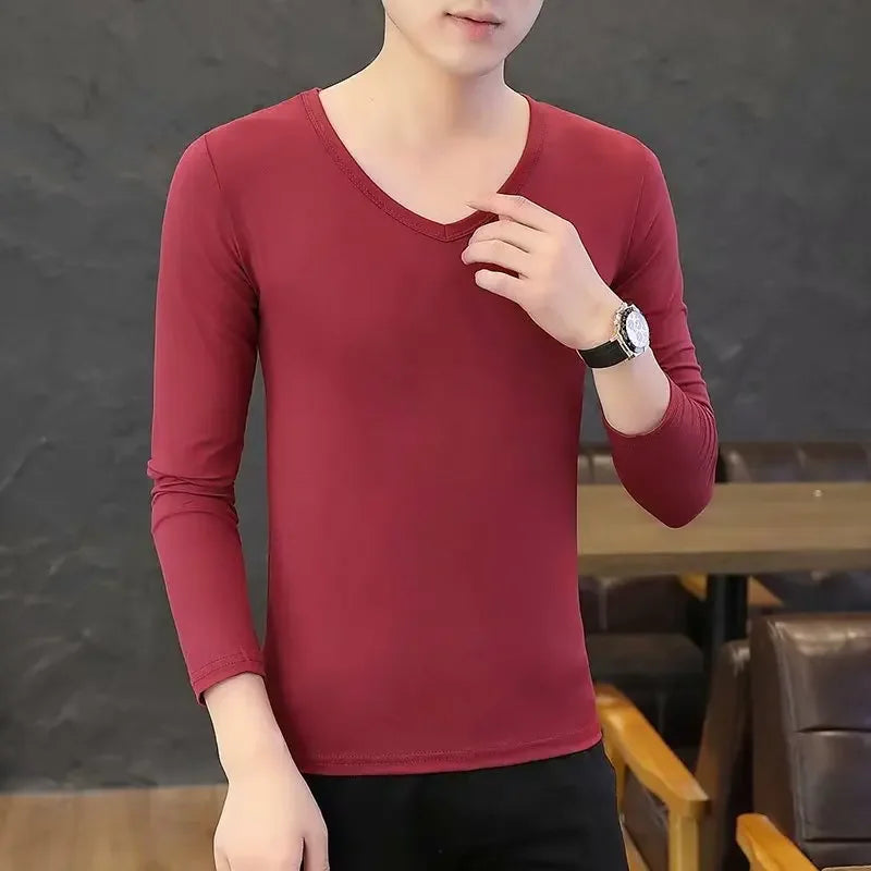 Men's Long Sleeve Black V-neck Base Layer T-shirt Solid Color Autumn Innerwear Thin Style Comfortable Men's Top