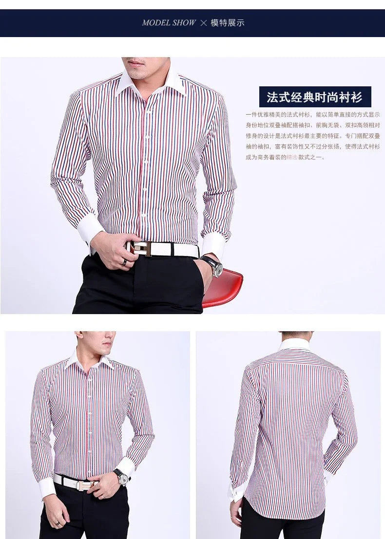 Men's French cufflink shirt with slim fit and contrasting color collar, Windsor collar, striped formal long sleeved shir