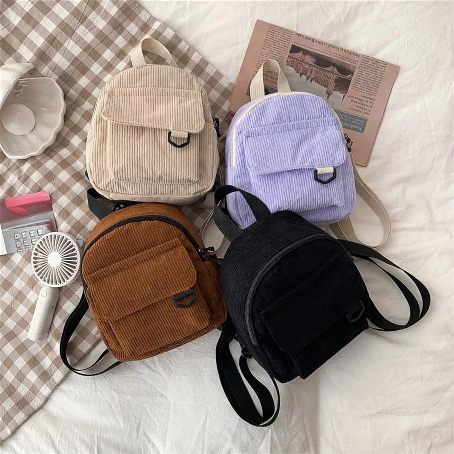 Women's Mini Backpack Fashion Solid Color Corduroy Small Simple Casual Traveling Large Capacity Female's Schoolbag