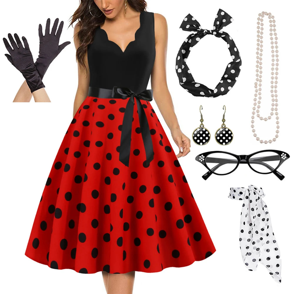 Women's A-Line Rockabilly Dress Polka Dots Swing Dress Flare Dress with Accessories Set 1950s 60s Retro Vintage