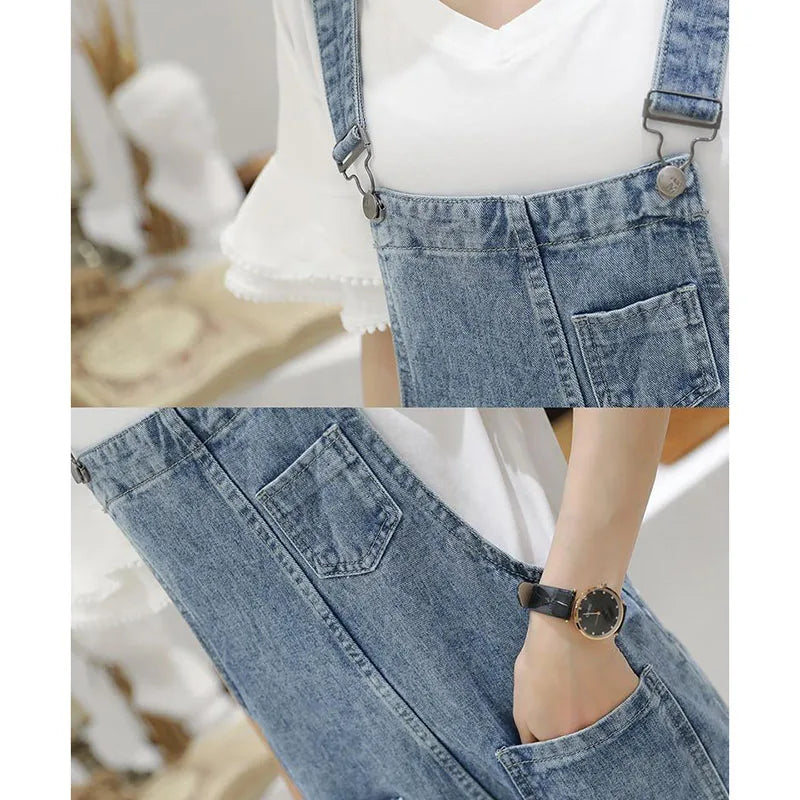 Biyaby Washed Denim Jumpsuit Women Casual High Waist Blue Wide Leg Pants Female 2024 Spring Korean Loose Pockets Jean Overalls