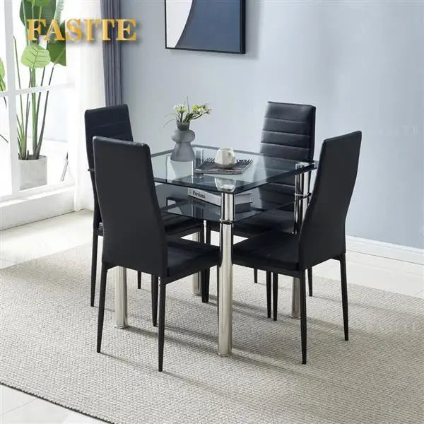 Dining Table Chairs Set Include 1 2-Layer Square Tempered Glass Dining Table + 4 Elegant High Backrest Dining Chairs Black