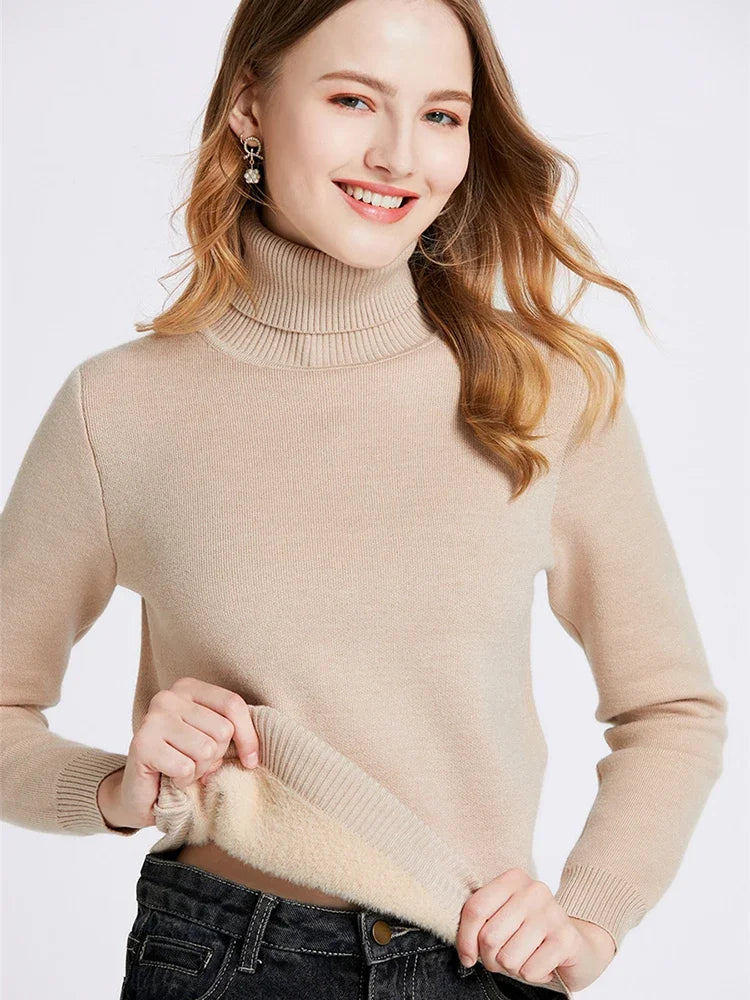 Winter Thick Plush Fleece Lined Knit Pullover Warm Soft Knitwear Jumper Turtleneck Sweater Women Slim Sueter Top New Malhas Pull