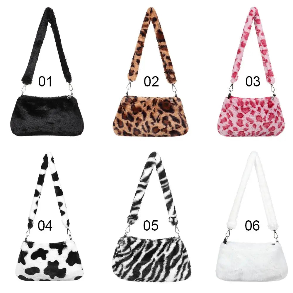 New Women's Casual Shoulder Bag Animal Print Leopard Plush Lady Shoulder Underarm Bag Female Messenger Bag Crossbody Bags