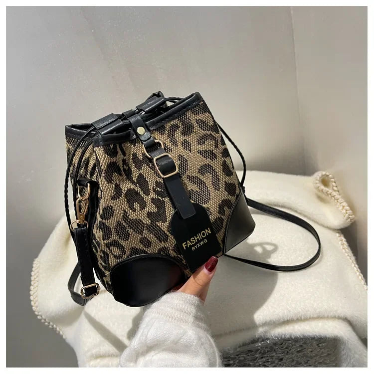 Leopard Small PU Leather Women Bucket Crossbody Bags 2024 Fall Designer Shoulder Bag Luxury Brand Ladies Handbag Lady Trend Tote