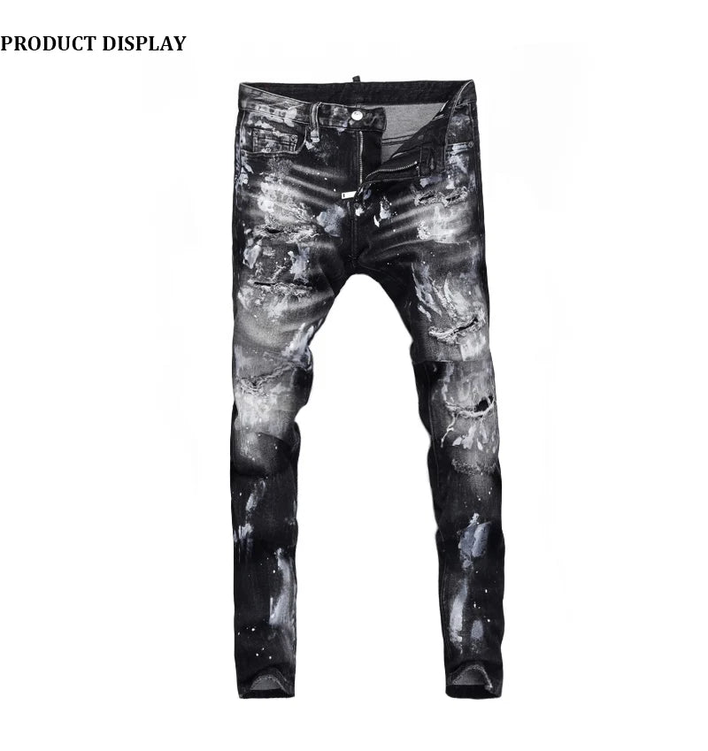 High Street Fashion Men Jeans Retro Black Gray Stretch Skinny Fit Ripped Jeans Men Painted Designer Hip Hop Brand Pants Hombre