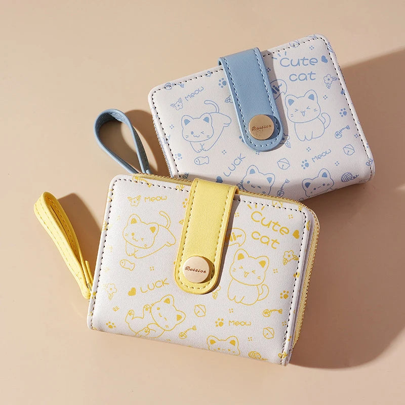 Japanese Cute Cat Girls Wallet Short Student ID Bank Card Holder Money Bag Zipper Wallets For Women Key Storage Purse Coin Purse