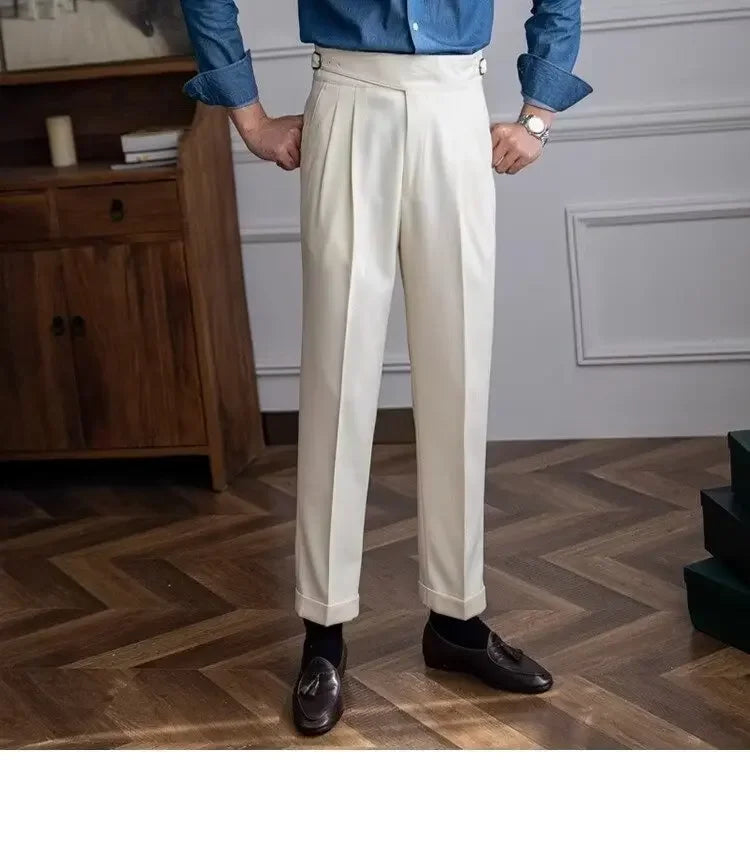 Spring Autumn White Men's Trousers Business Casual Cropped Pants Paris Button Trendy Italian Style