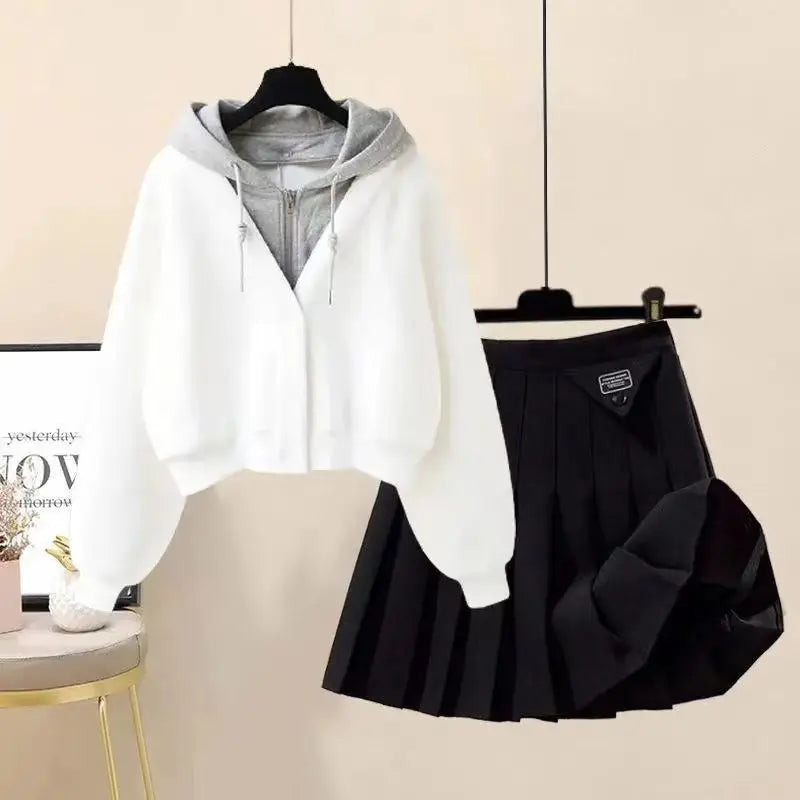 Plush Thickened Casual Long Sleeved Hooded Mini Pleated Skirt Two-piece Set Fashionable Women's Skirt Set