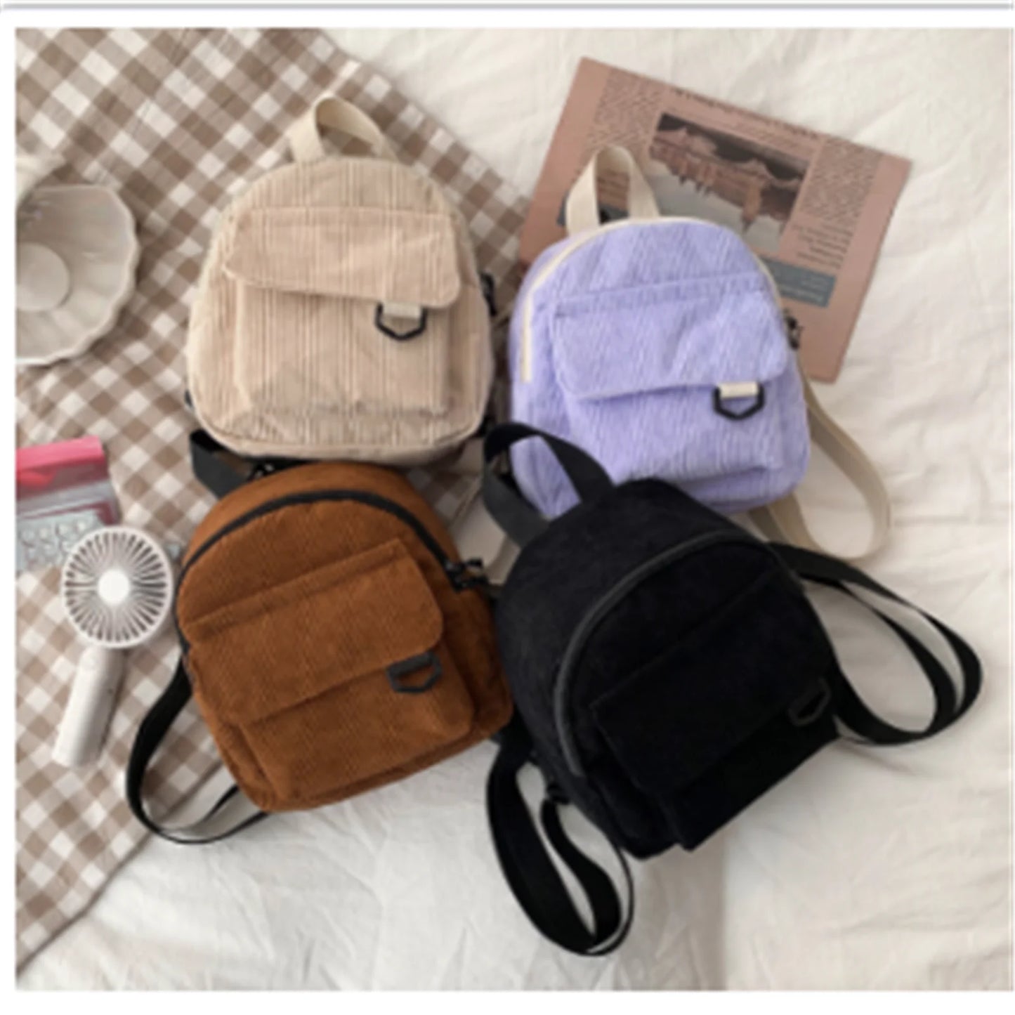 Women's Mini Backpack Fashion Solid Color Corduroy Small Simple Casual Traveling Large Capacity Female's Schoolbag