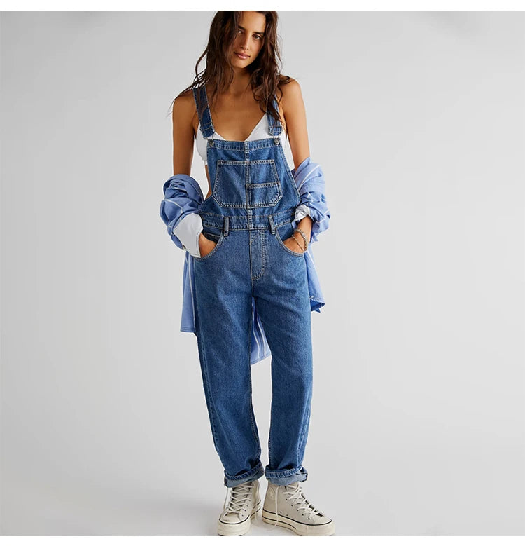 Salopette en jean délavé pour femme, style célébrité Internet, rajeunissante, pantalon ample à jambes larges jusqu'au sol, salopette en jean