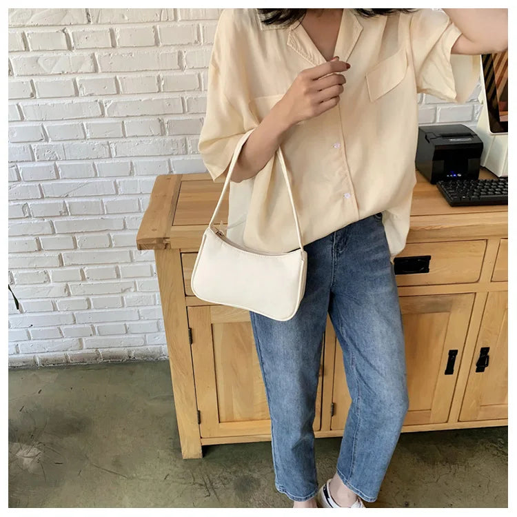 Retro Soft PU Leather Women Shoulder Underarm Bags Casual Solid Color Small Top-Handle Handbags Ladies Fashion Shoulder Bags