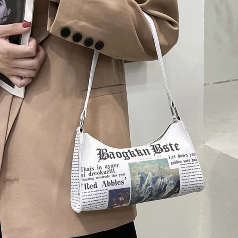 Fashion Women Newspaper Letter Printing PU Leather Shoulder Underarm Bag Casual Ladies Small Purse Buckle Handbag Messenger Bags