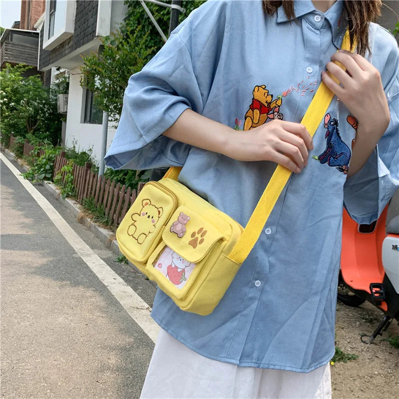 Canvas Small Bag Japanese ins Women Shoulder Bag Cute Funny Personality Embroidery Bear Girl Student Transparent Messenger Bag