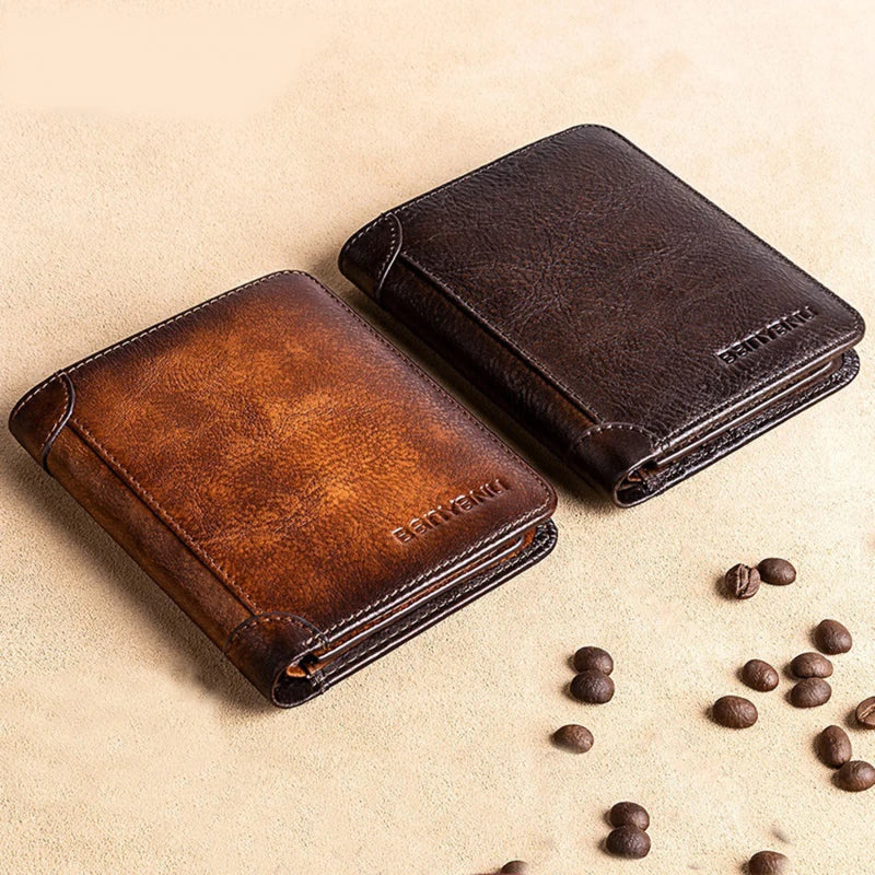 Genuine Leather Rfid Protection Wallets for Men Vintage Thin Short Multi Function ID Credit Card Holder Money Bag