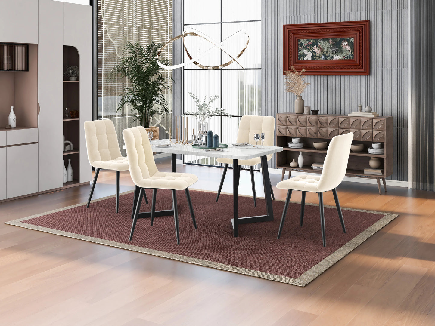 VSOGA 117cm dining table with 4 chairs, rectangular dining table, modern kitchen table set, beige velvet dining chairs, black table legs