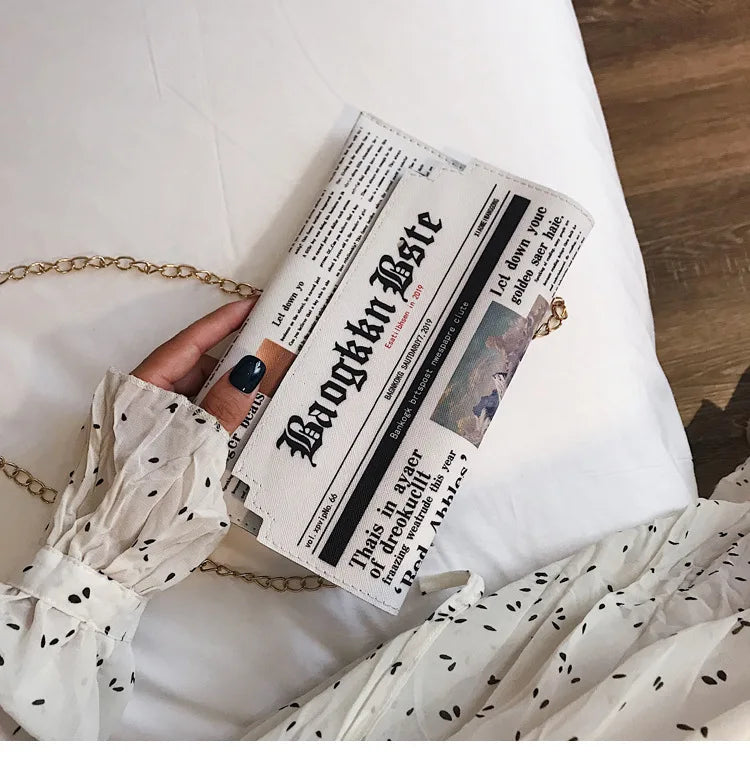 Fashion Women Newspaper Letter Printing PU Leather Shoulder Underarm Bag Casual Ladies Small Purse Buckle Handbag Messenger Bags