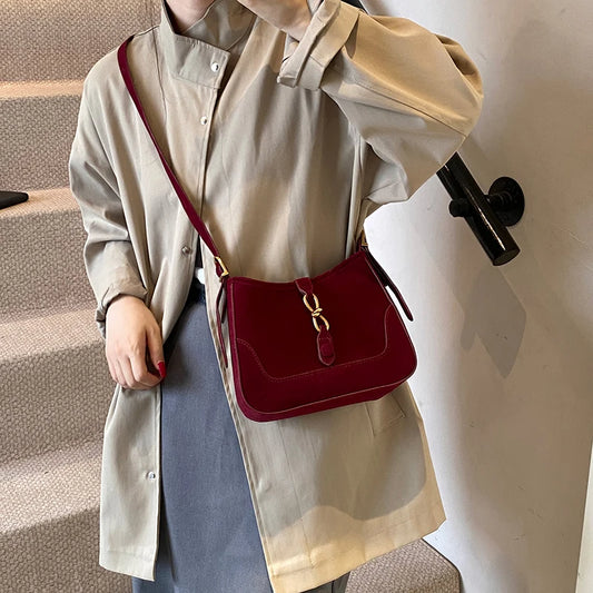 Winter Trendy Frosted PU Leather Shoulder Bag for Women Quiet Luxury Burgundy Bag Lady Solid Color Crossbody Bags Suede Purse