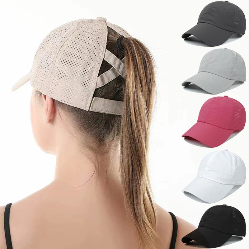 Casquette de baseball d'été de couleur unie pour femme, vêtement de golf, sport, loisirs, queue de cheval croisée, maille à séchage rapide, demi-creuse, casquette à visière pour homme