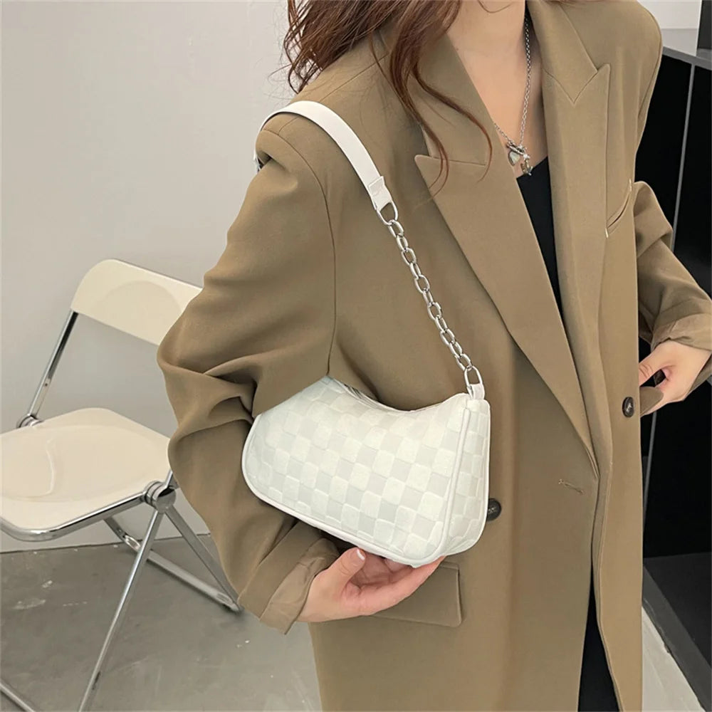 2023 New Fashion Women Handbags Canvas Underarm Chain Bag Casual Small Square Bag Simple Grid Women Shoulder Bags Female Clutch